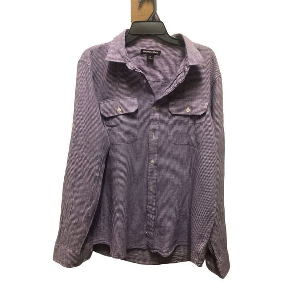Michael Kors Mens Purple and White Gingham Plaid Long Sleeve Collared Button Up - Picture 1 of 7
